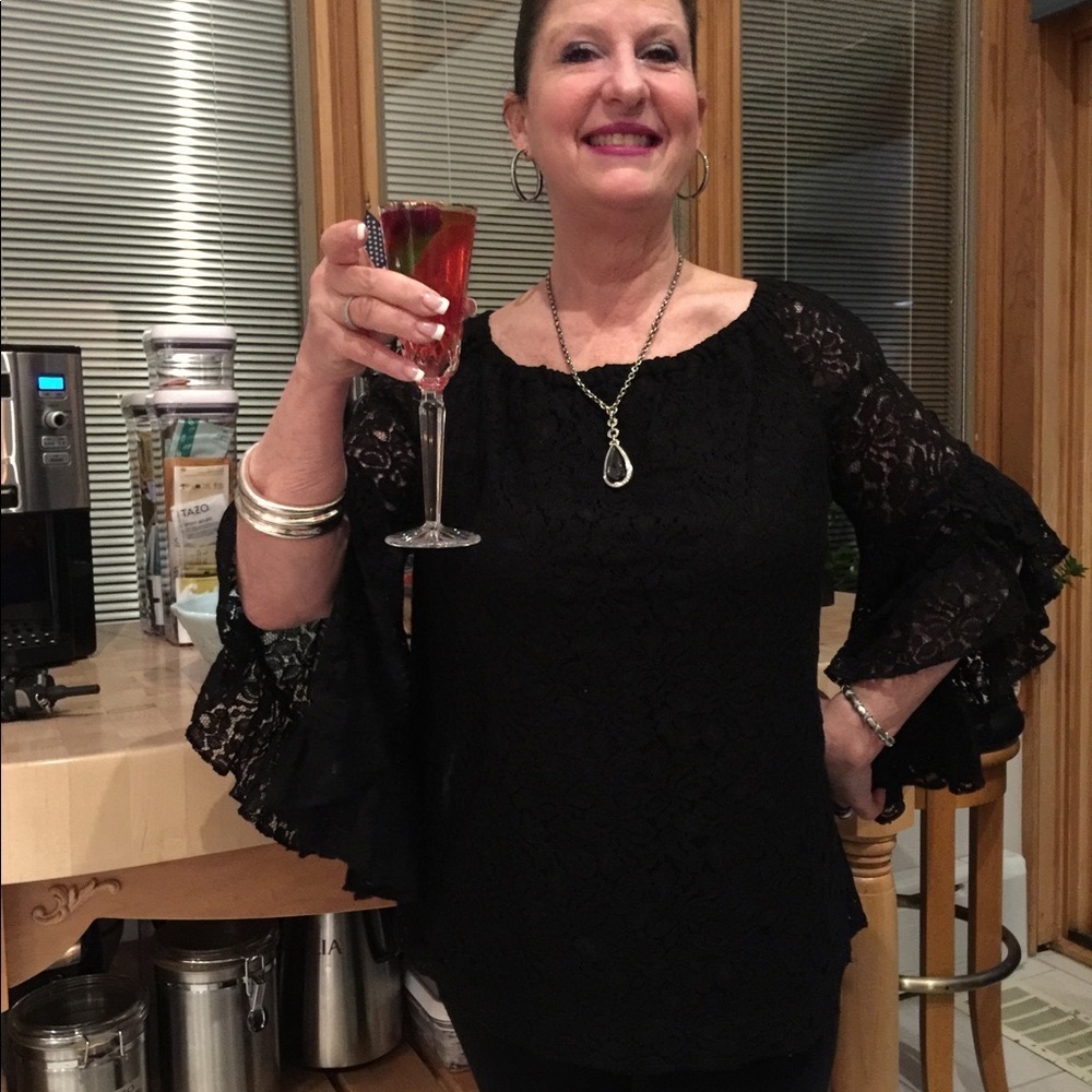 Beautiful Black Lace, 3/4 Ruffled Sleeves. Casual or sexy, black-tie evening top